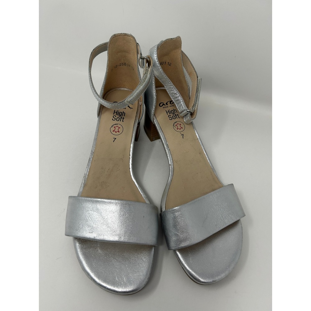 Ara High Soft Women Silver Metallic Leather Block Heel Ankle Strap Sandals Sz 7